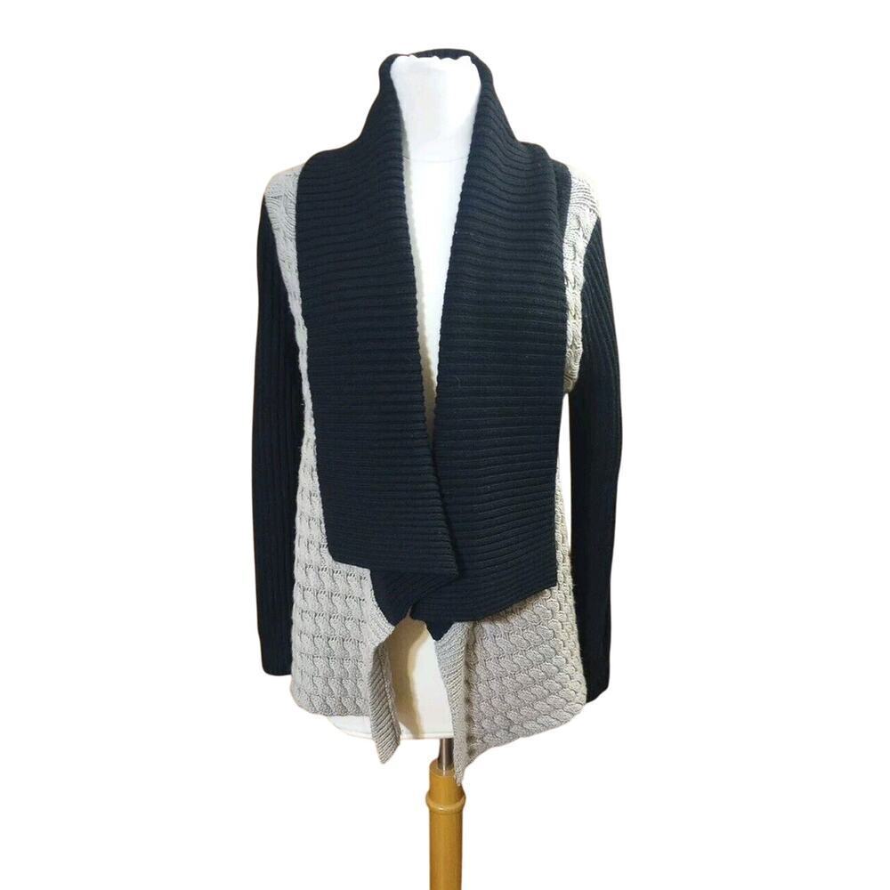 LABEL + Thread Women's Merino‎ Wool Cardigan Open Front Black Tan Heavy Grunge